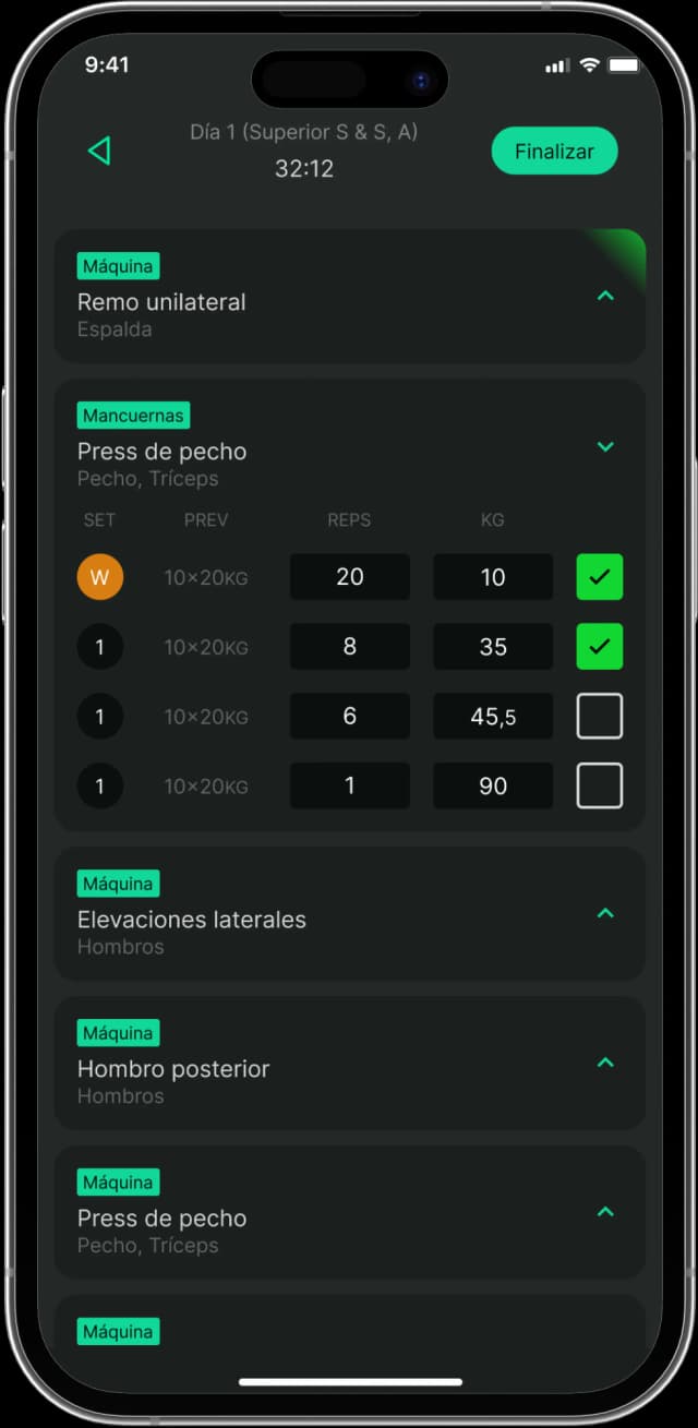 Pantalla de Ejercicio en la aplicación